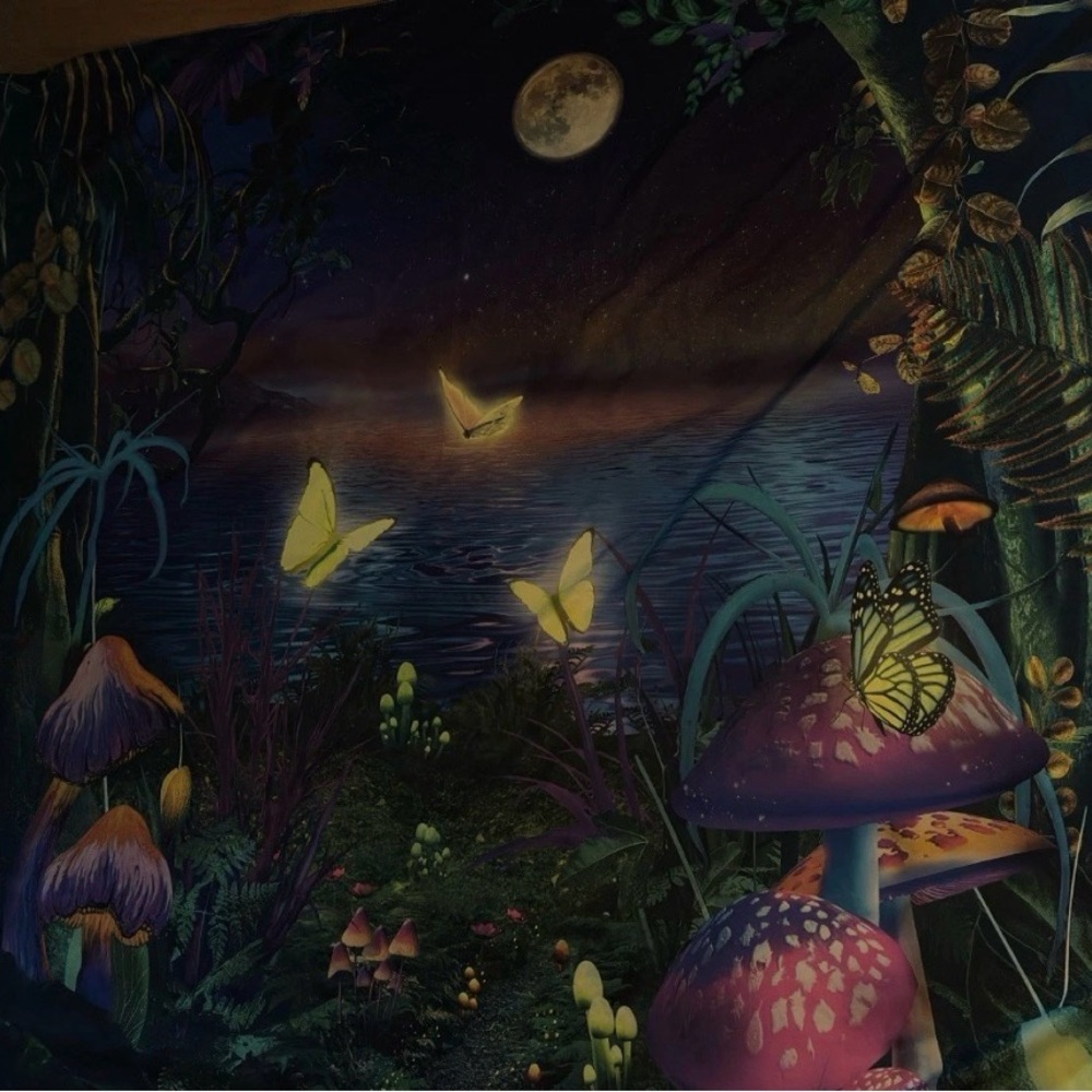 Fantasy Floral Nature Tapestry with Mushrooms Butterflies Decor